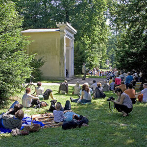 Menschenmenge lauscht dem Konzert "...und sonntags ins Luisium" im Park Luisium