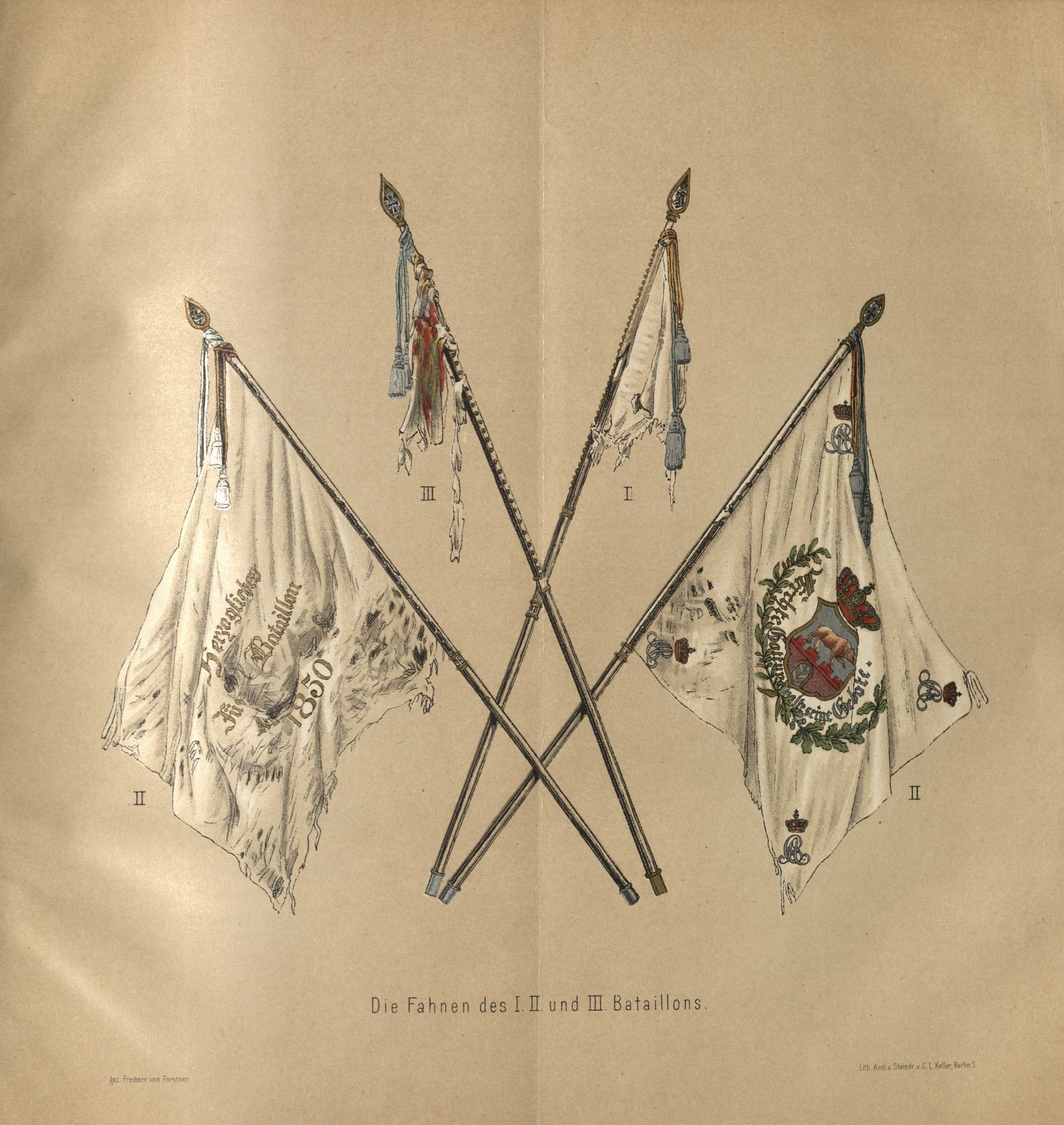 Die Fahnen des 1. 2. und 3. Bataillons aus der Geschichte des Infanterie-Regiments Nr.93