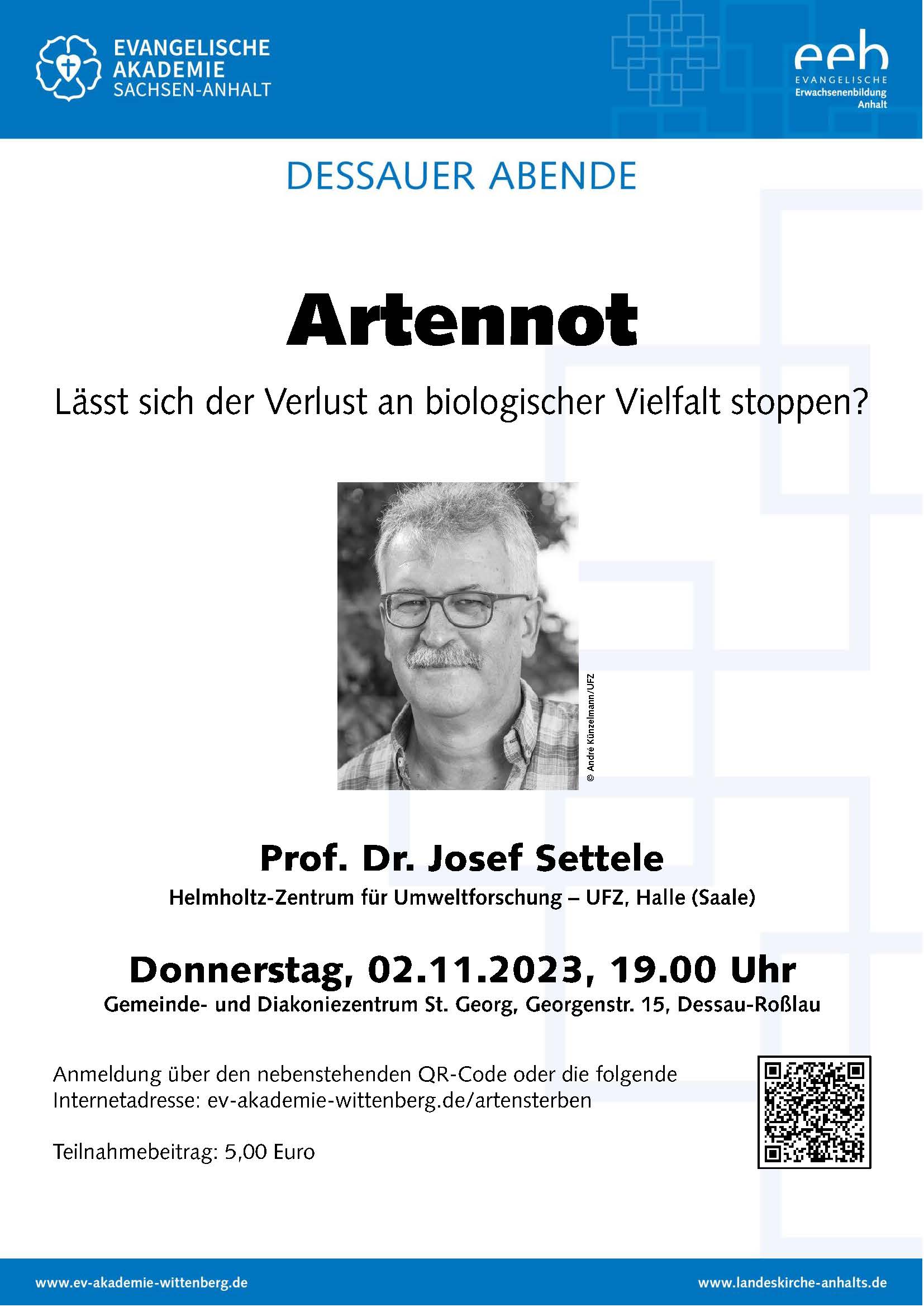 Plakat Artennot - Vortrag im Gemeindezentrum St. Georg Dessau am 02.11.2023