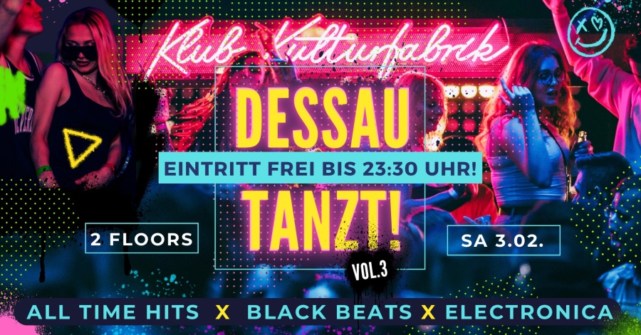 Veranstaltungsflyer zur Partyreihe "Dessau tanzt" im Klub Kulturfabrik Dessau