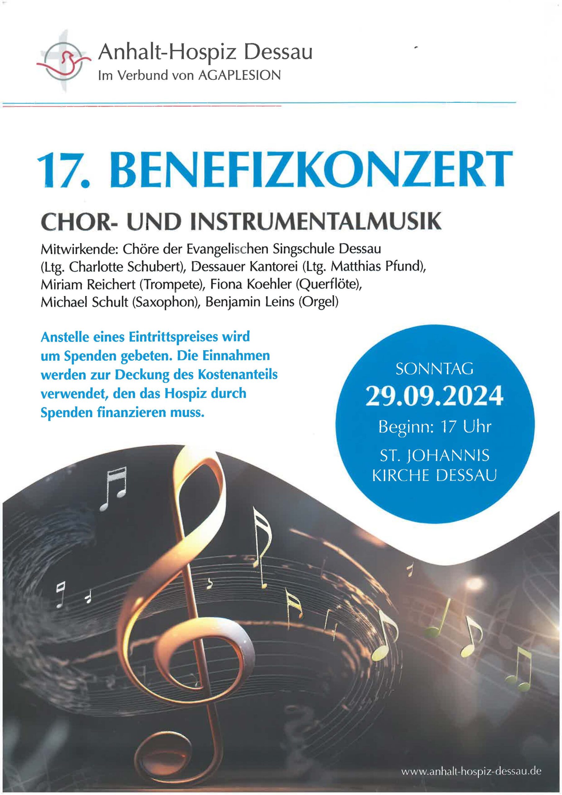 Plakat Benefizkonzert für Anhalt-Hospiz am 29.09.2024 Johanniskirche Dessau