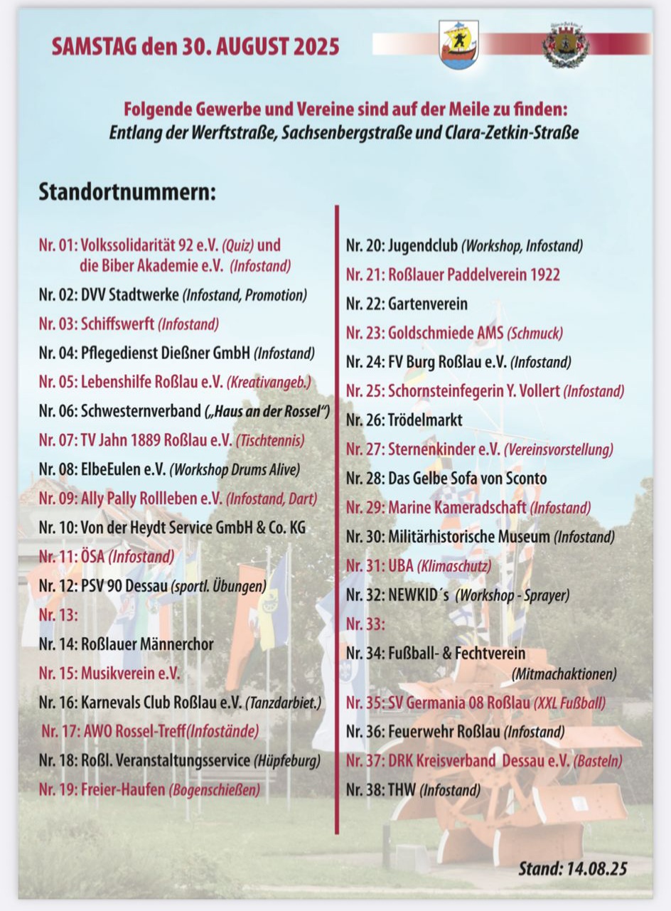 Liste der teilnehmenden Vereine zur Meile der Vereine Heimat und Schifferfest Roßlau 2025
