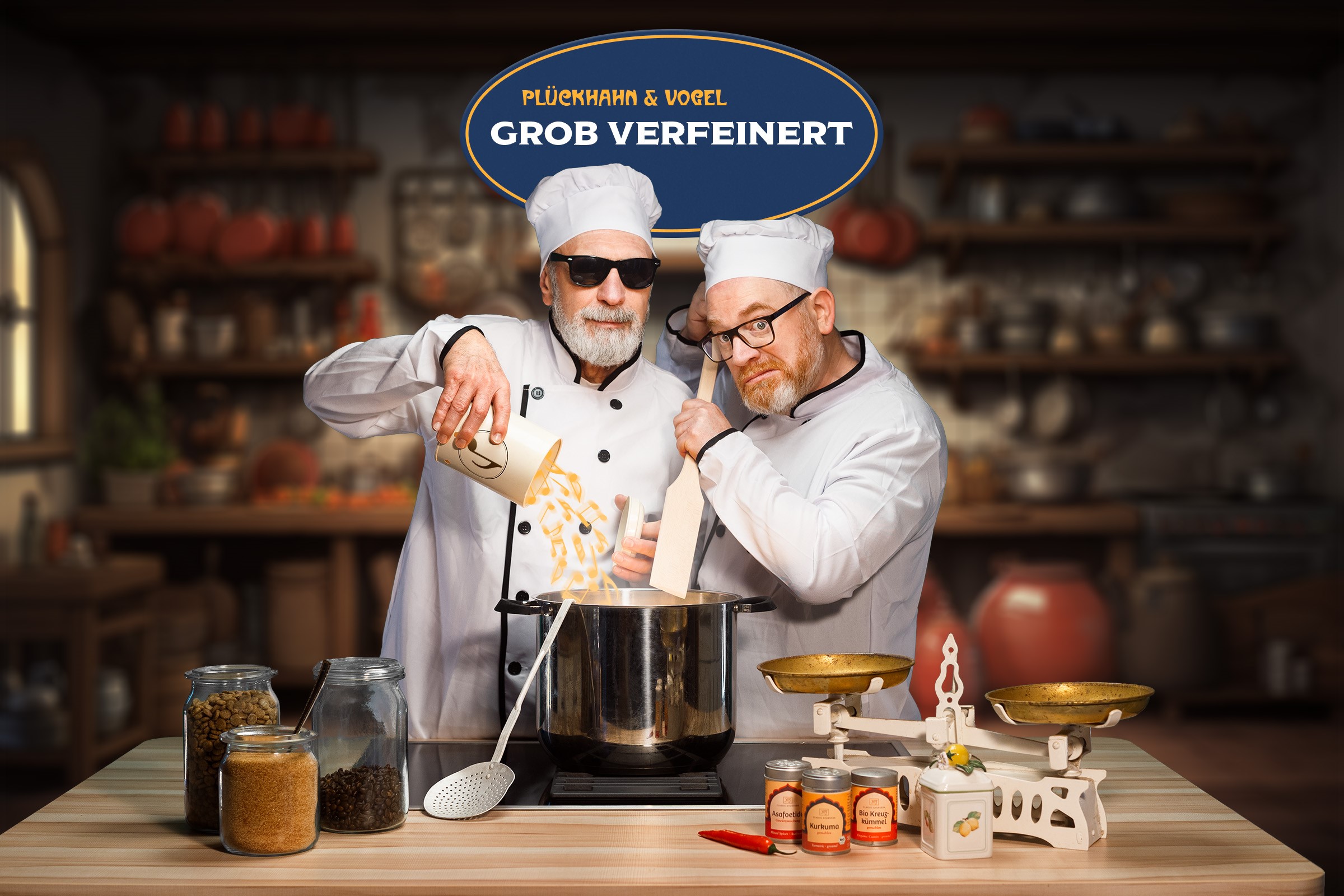 Plakat Veranstaltung Grob verfeinert in der Weinbar fein.herb, zwei Köche am Kochtopf