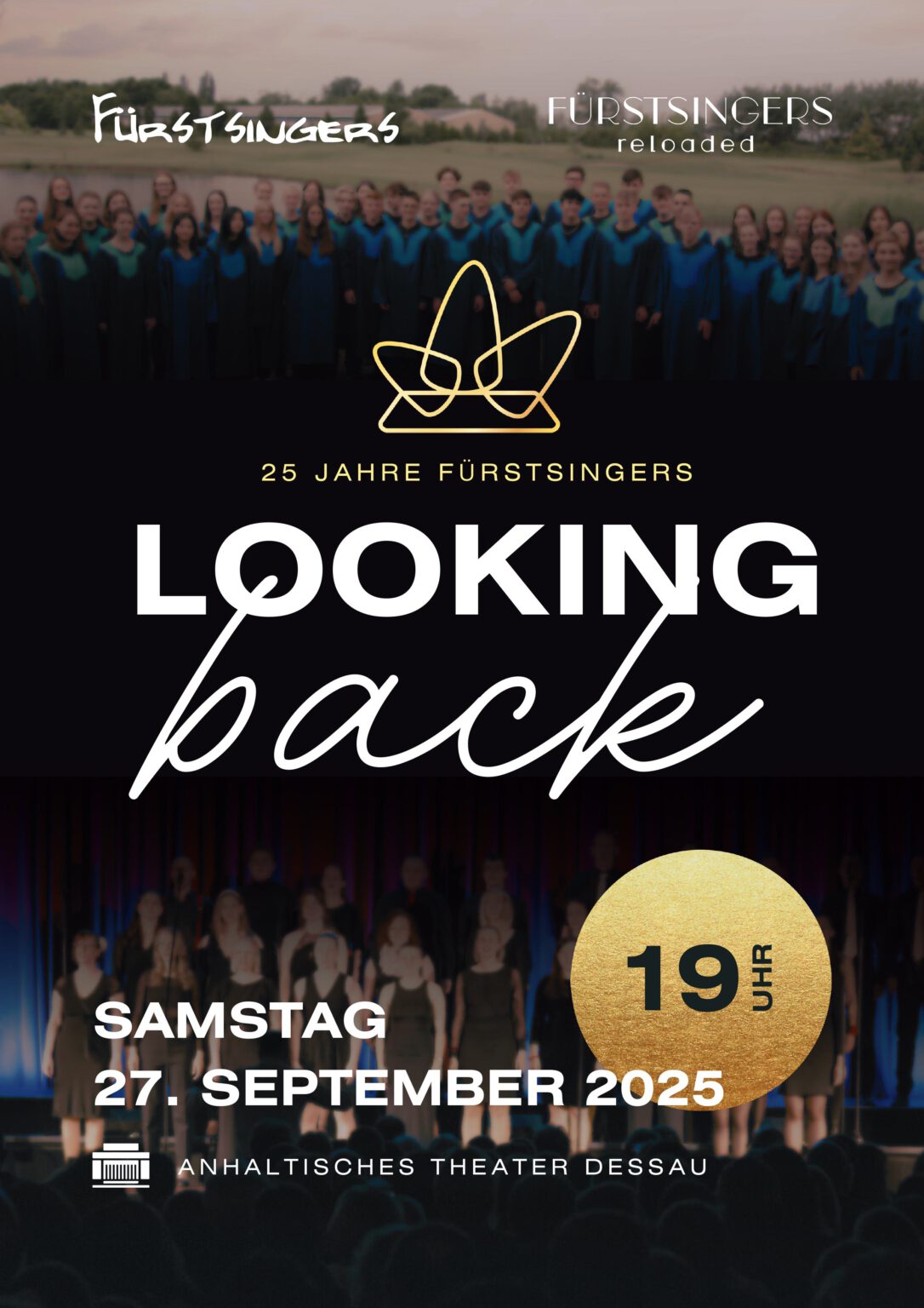 Plakat Looking back - 25 Jahre Fürstsingers am 27.09.2025 im Anhaltischen Theater Dessau, Grafik Fürstsingers reloaded