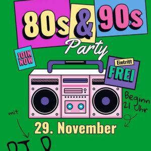 Plakat 80s-90s-Party am 29.11.2025 im Shamrock Dessau