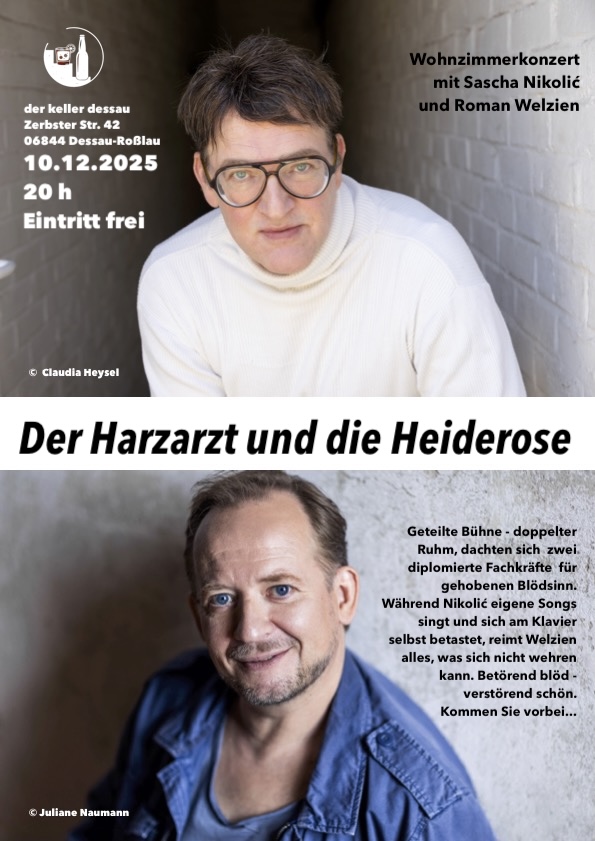 Plakat Wohnzimmerkonzert mit Sascha Nikolic und Roman Welzien am 10.12.25 im keller dessau, Grafik Veranstalter