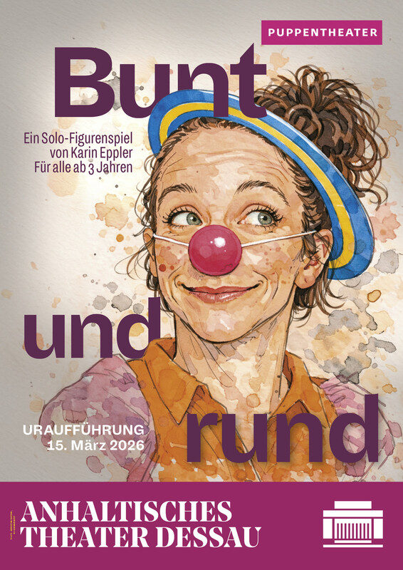 Plakat Figurentheater Bunt und rund im Alten Theater Dessau, Grafik Kerstin Dathe, teilw. KI-generiert