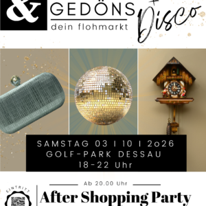 Infoflyer zur Party "Glitzer & Gedöns" am 3.10. im Golfpark Dessau