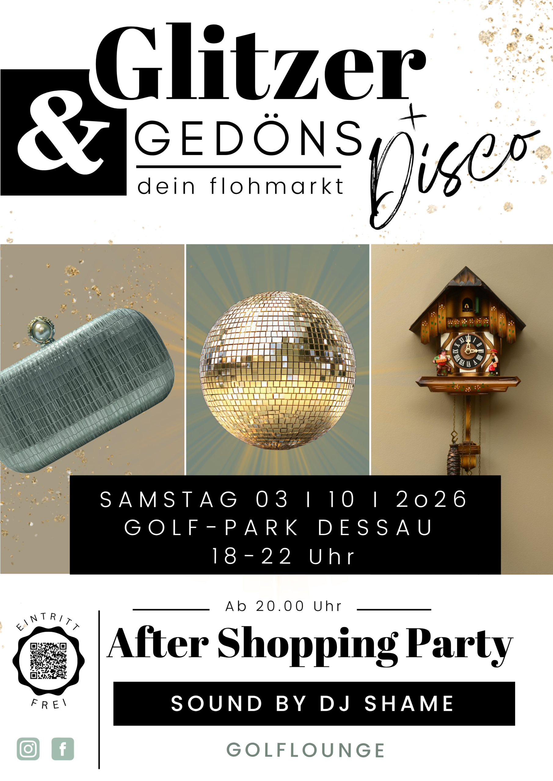 Infoflyer zur Party "Glitzer & Gedöns" am 3.10. im Golfpark Dessau