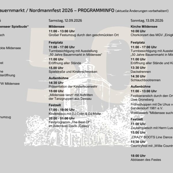 Programmablauf Flyer zum 50. Bauernmarkt in Dessau Mildensee und Nordmannfest 2026